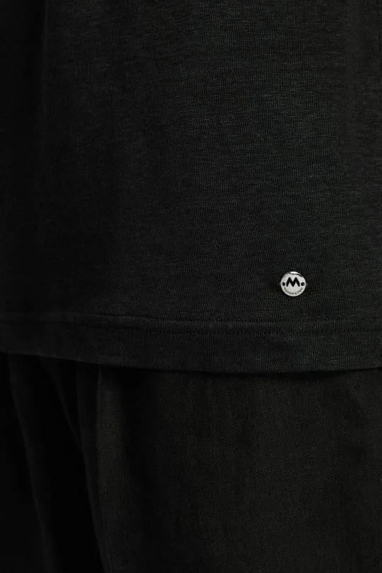 Saf Keten Siyah Bisiklet Yaka T-Shirt