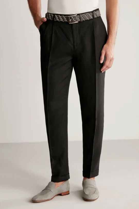 Hemington - Saf Keten Siyah Pileli Pantolon (1)