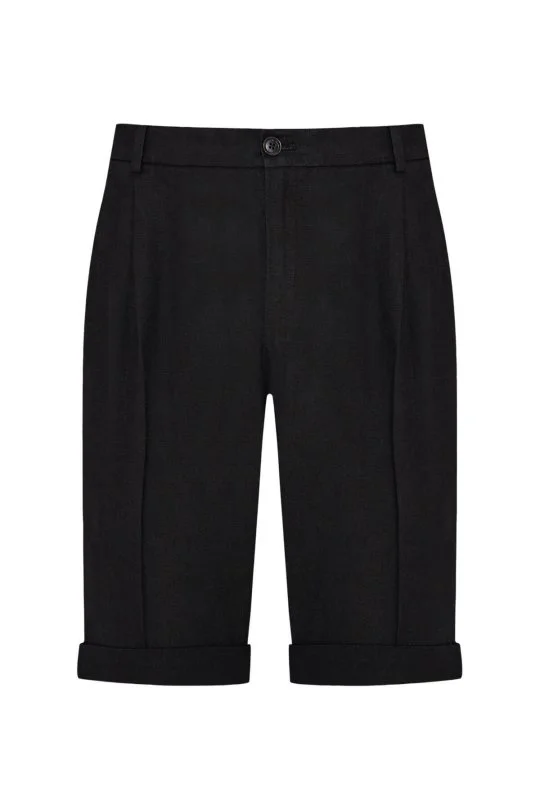 Saf Keten Siyah Pileli Şort