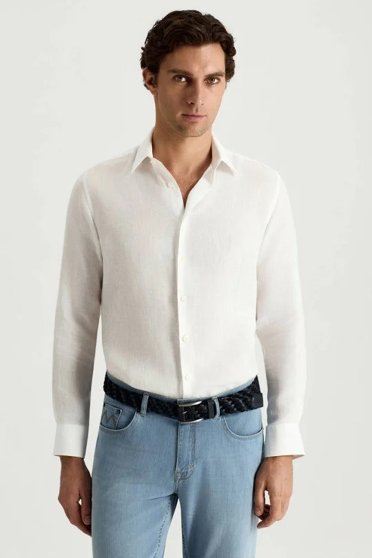 Beyaz Saf Keten Spor Gömlek