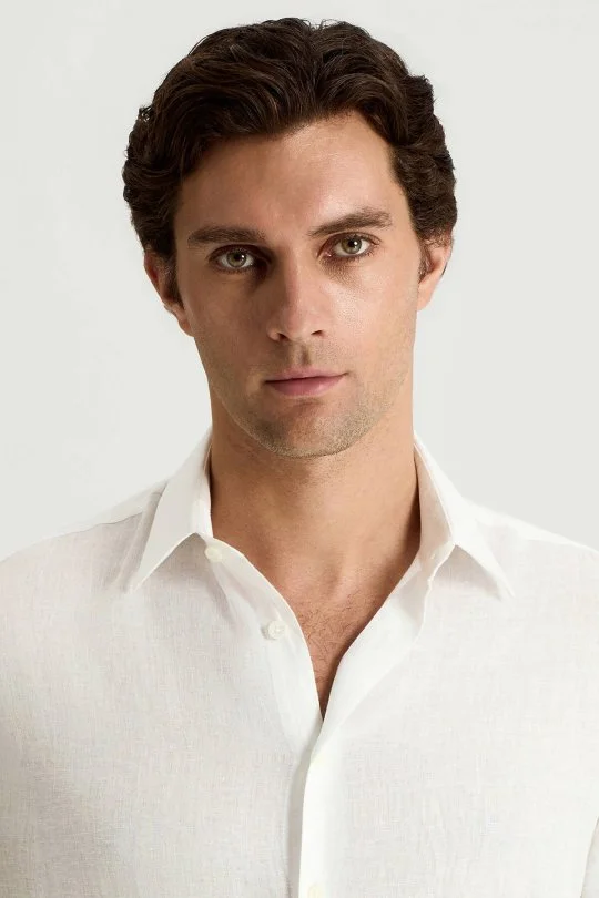 Beyaz Saf Keten Spor Gömlek