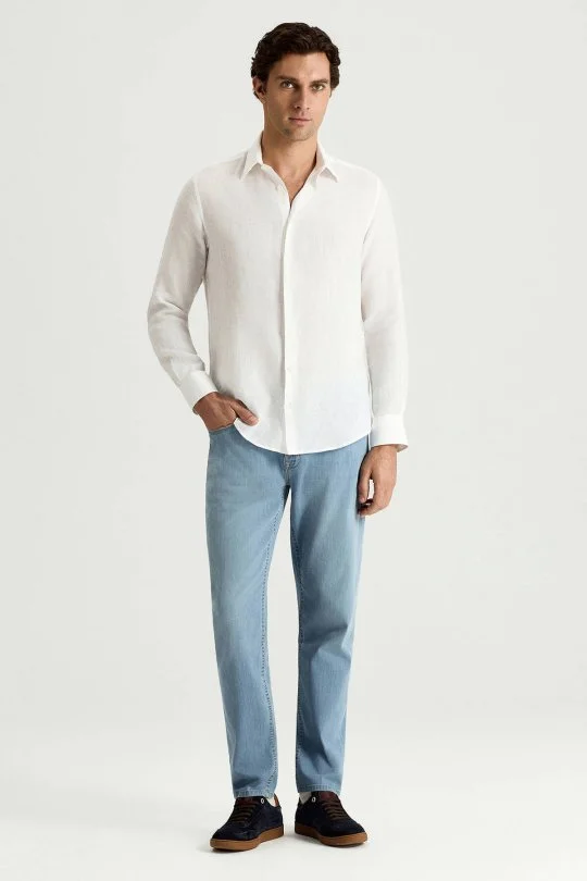 Beyaz Saf Keten Spor Gömlek