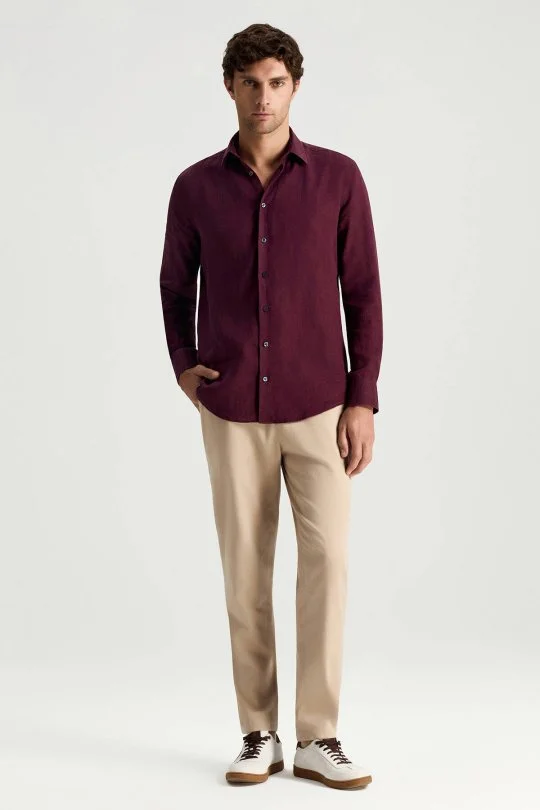 Bordo Saf Keten Spor Gömlek