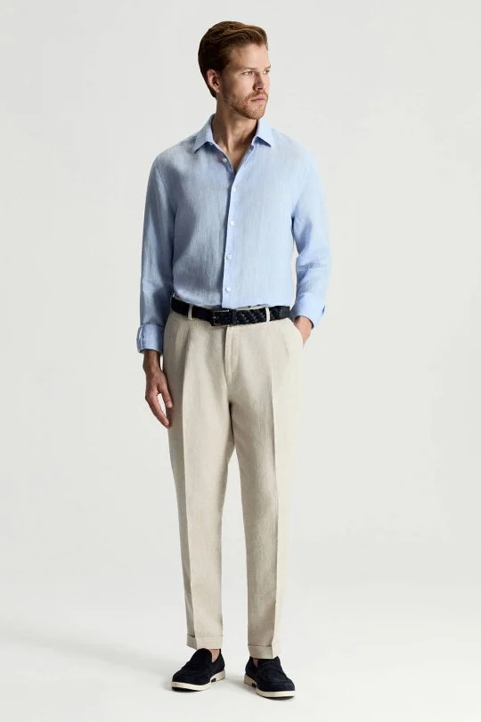 Gök Mavisi Saf Keten Spor Gömlek