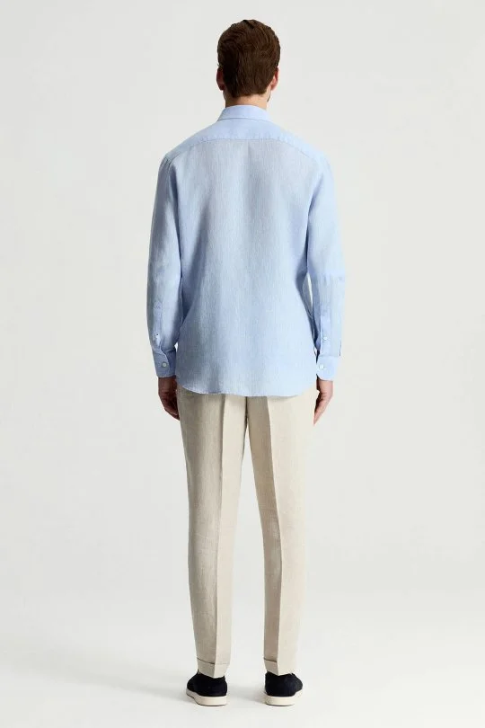Gök Mavisi Saf Keten Spor Gömlek