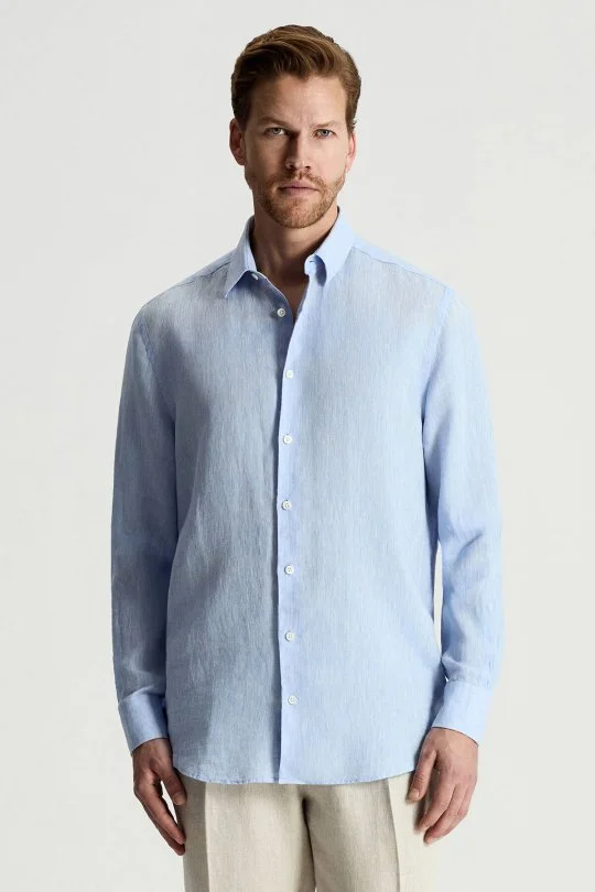 Gök Mavisi Saf Keten Spor Gömlek