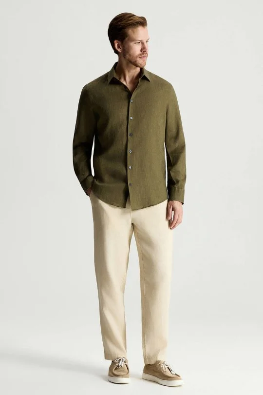 Haki Saf Keten Spor Gömlek