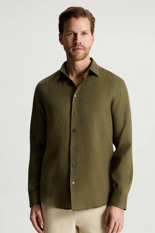 Haki Saf Keten Spor Gömlek