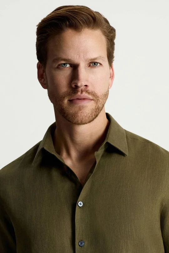 Haki Saf Keten Spor Gömlek