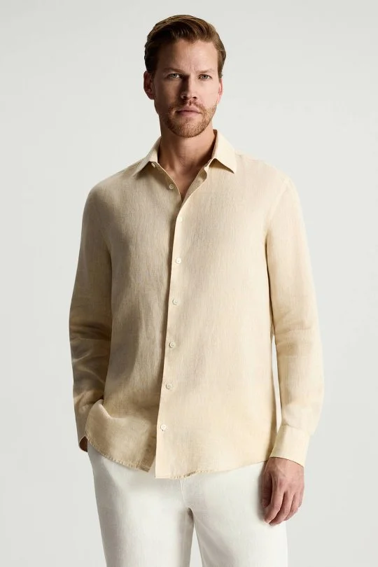 Kum Rengi Saf Keten Spor Gömlek