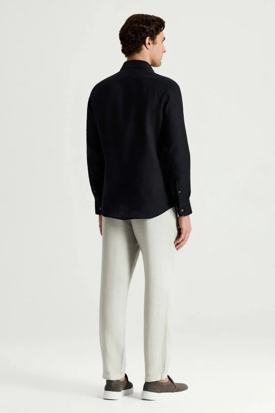 Siyah Saf Keten Spor Gömlek