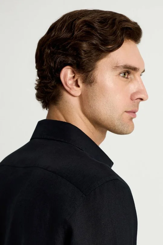 Siyah Saf Keten Spor Gömlek