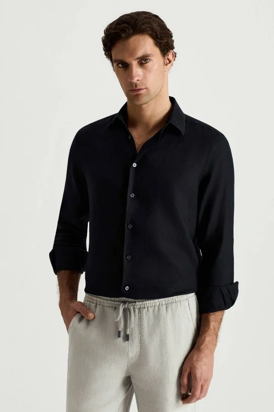 Siyah Saf Keten Spor Gömlek