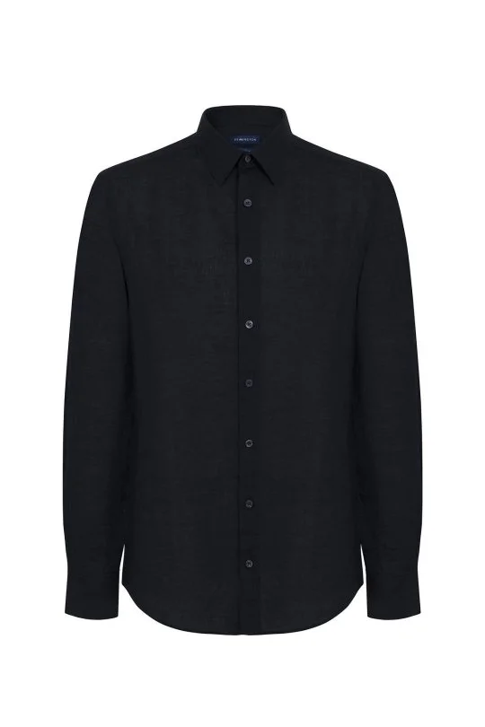 Siyah Saf Keten Spor Gömlek