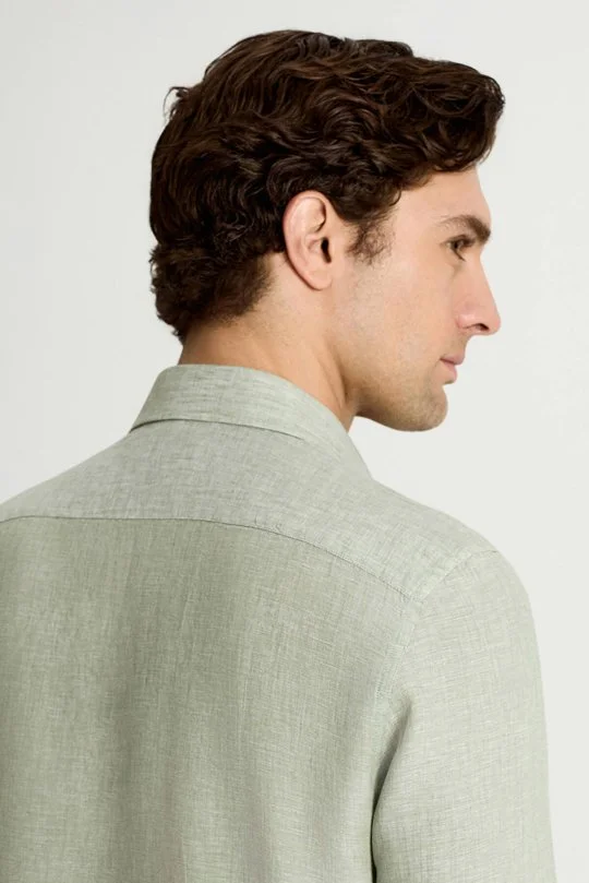 Yeşil Saf Keten Spor Gömlek