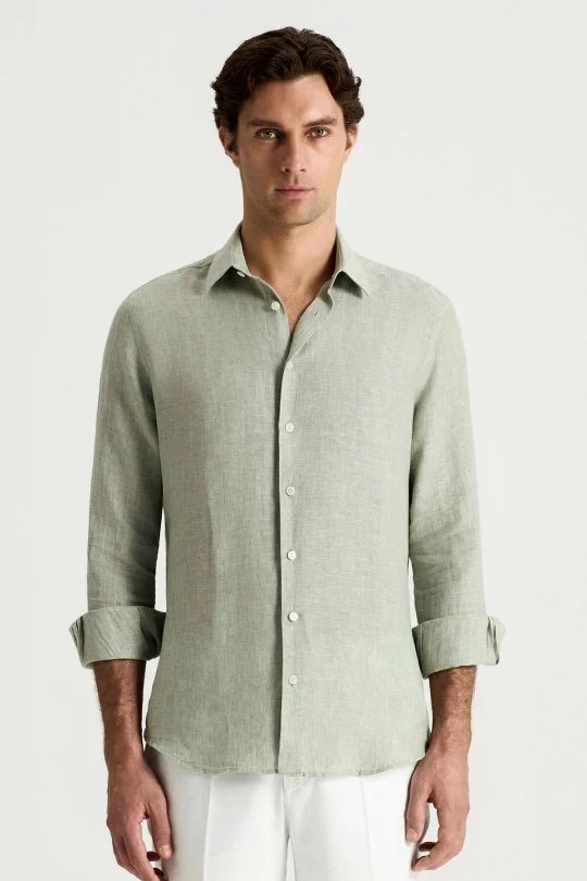 Yeşil Saf Keten Spor Gömlek