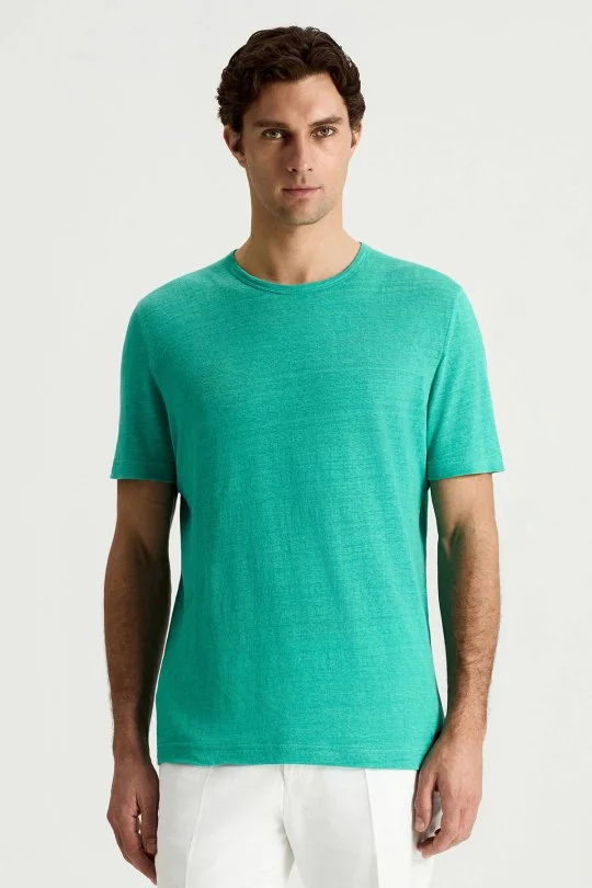 Saf Keten Turkuaz Bisiklet Yaka T-Shirt