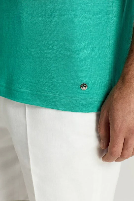 Saf Keten Turkuaz Bisiklet Yaka T-Shirt