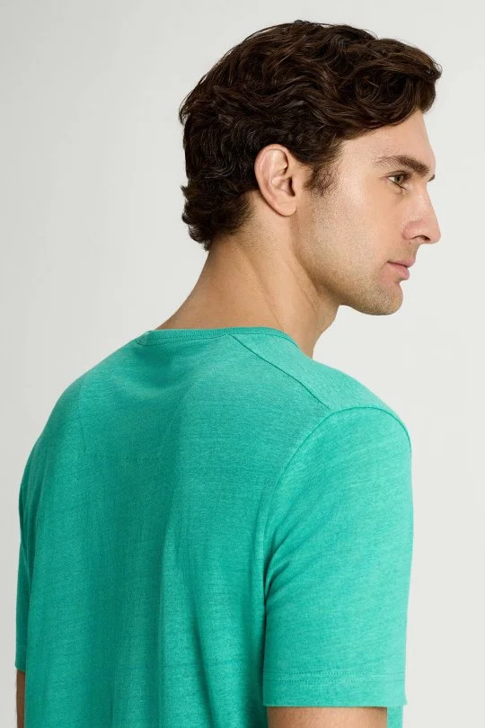 Saf Keten Turkuaz Bisiklet Yaka T-Shirt