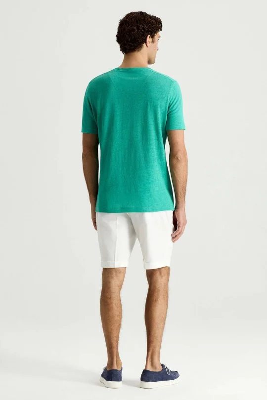 Saf Keten Turkuaz Bisiklet Yaka T-Shirt