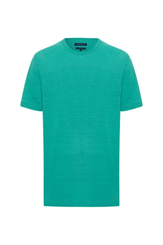 Saf Keten Turkuaz Bisiklet Yaka T-Shirt