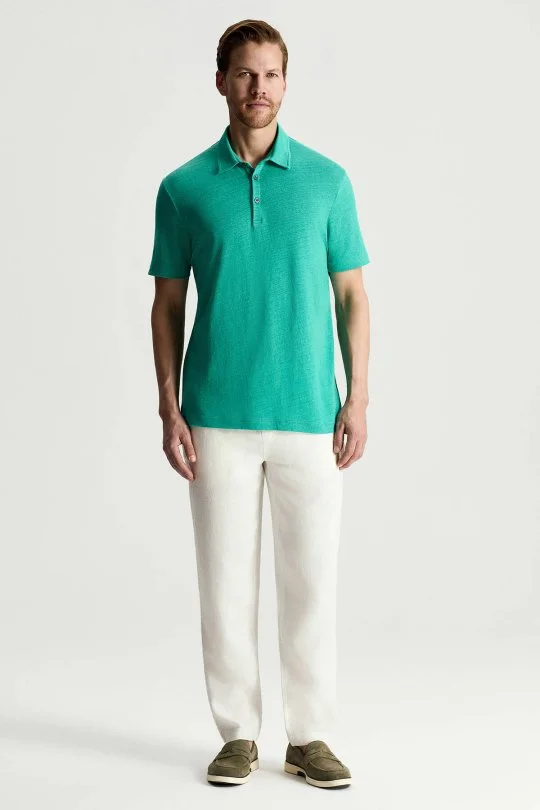 Saf Keten Turkuaz Polo Yaka T-Shirt