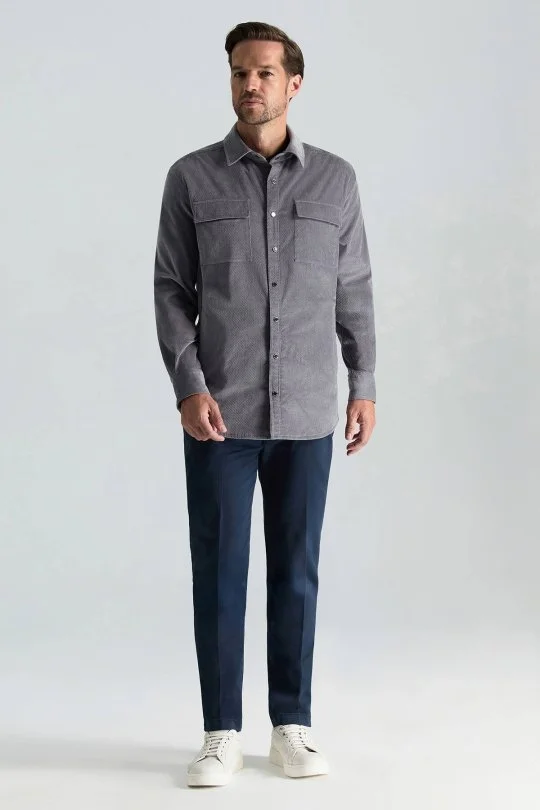 Hemington - Metal Düğmeli Açık Gri Kadife Ceket Gömlek