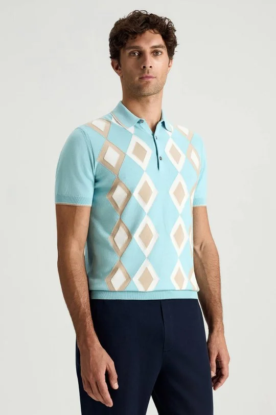 Hemington - Saf Pamuk Argyle Desen Açık Mavi-Bej Triko Polo (1)