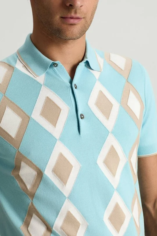 Hemington - Saf Pamuk Argyle Desen Açık Mavi-Bej Triko Polo (4)