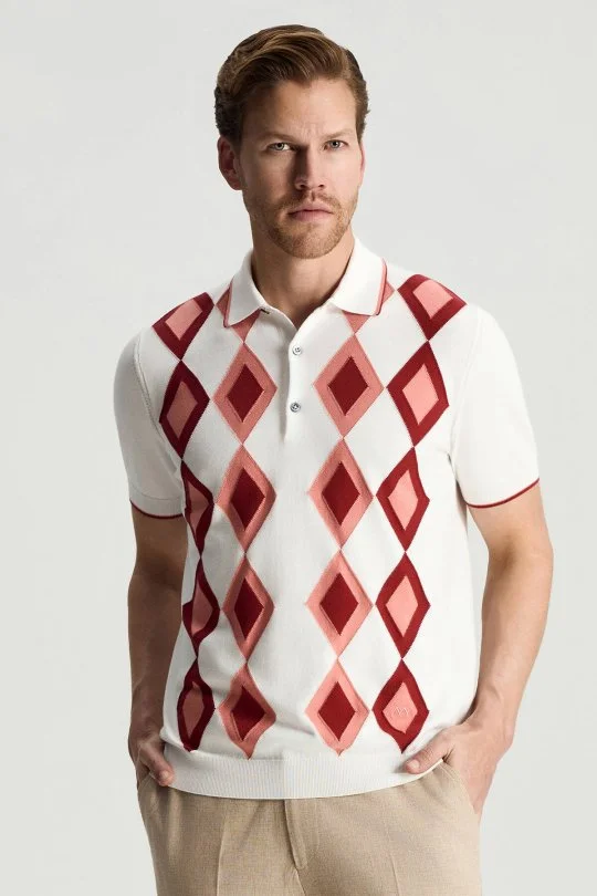 Hemington - Saf Pamuk Argyle Desen Beyaz-Bordo Triko Polo (2)