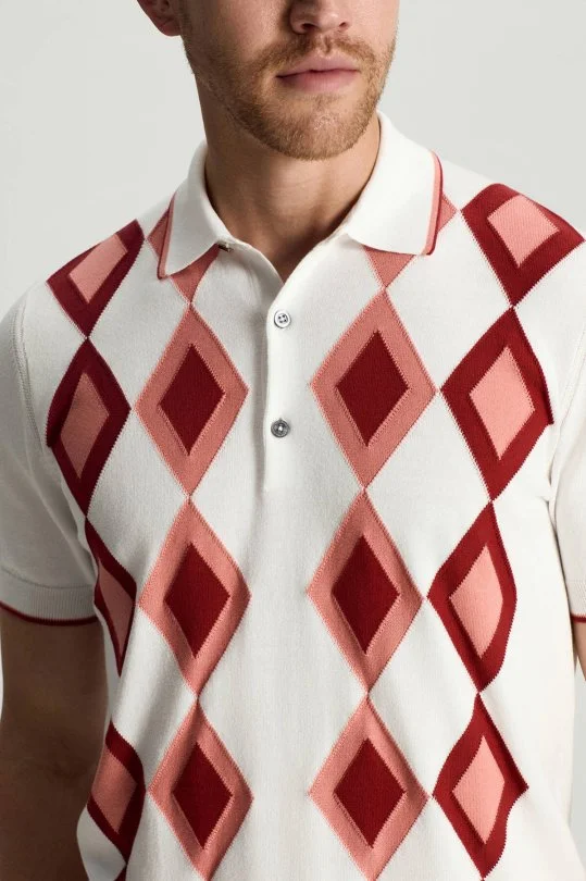 Hemington - Saf Pamuk Argyle Desen Beyaz-Bordo Triko Polo (4)