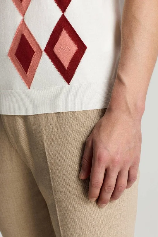 Hemington - Saf Pamuk Argyle Desen Beyaz-Bordo Triko Polo (5)