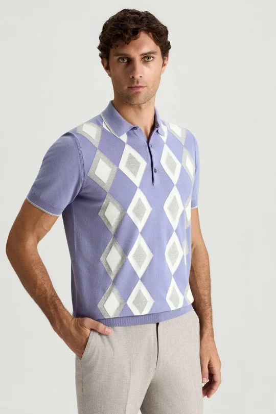 Hemington - Saf Pamuk Argyle Desen Mor-Açık Gri Triko Polo (2)