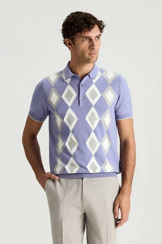 Hemington - Saf Pamuk Argyle Desen Mor-Açık Gri Triko Polo (1)