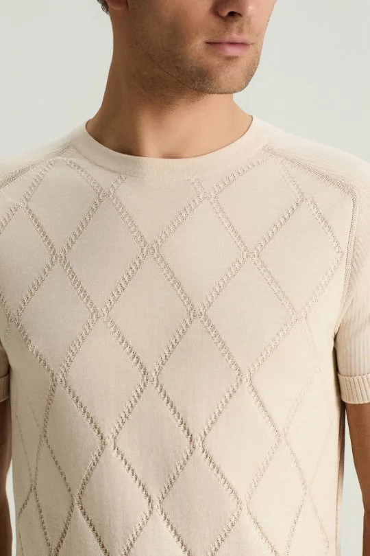 Hemington - Saf Pamuk Argyle Örme Desen Bisiklet Yaka Bej Triko T-Shirt (3)
