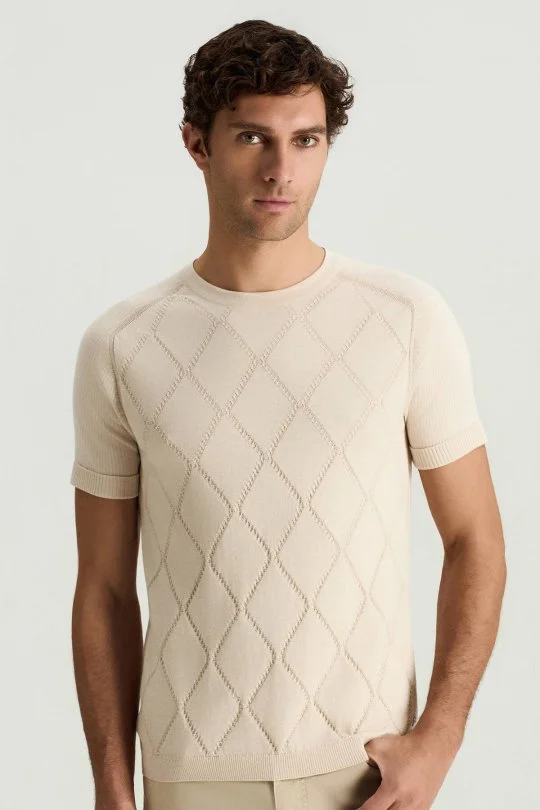 Hemington - Saf Pamuk Argyle Örme Desen Bisiklet Yaka Bej Triko T-Shirt (1)