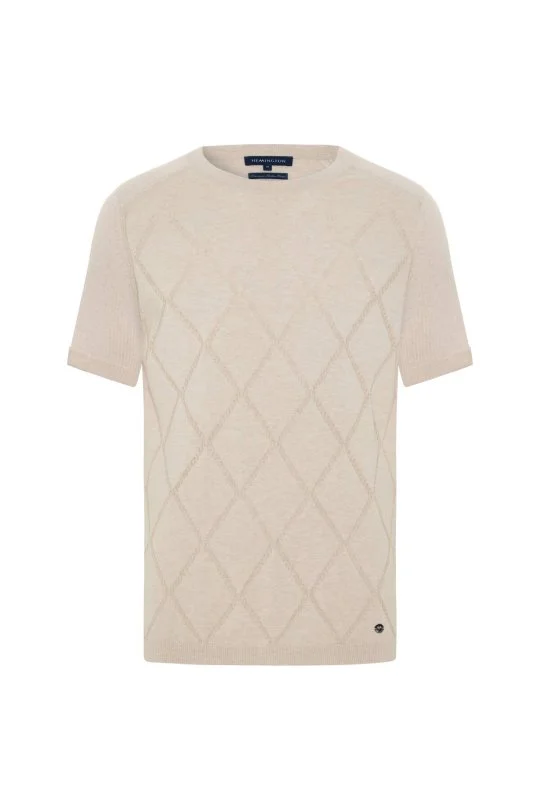 Hemington - Saf Pamuk Argyle Örme Desen Bisiklet Yaka Bej Triko T-Shirt (6)