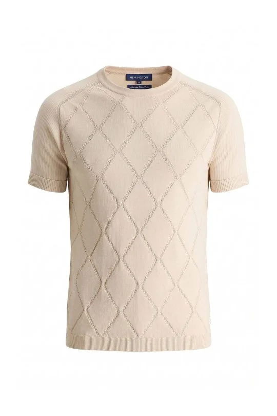 Hemington - Saf Pamuk Argyle Örme Desen Bisiklet Yaka Bej Triko T-Shirt (6)