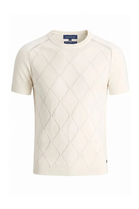 Hemington - Saf Pamuk Argyle Örme Desen Bisiklet Yaka Beyaz Triko T-Shirt (7)