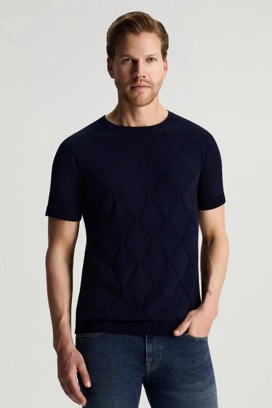 Hemington - Saf Pamuk Argyle Örme Desen Bisiklet Yaka Lacivert Triko T-Shirt (1)