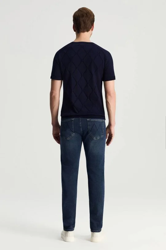 Hemington - Saf Pamuk Argyle Örme Desen Bisiklet Yaka Lacivert Triko T-Shirt (5)