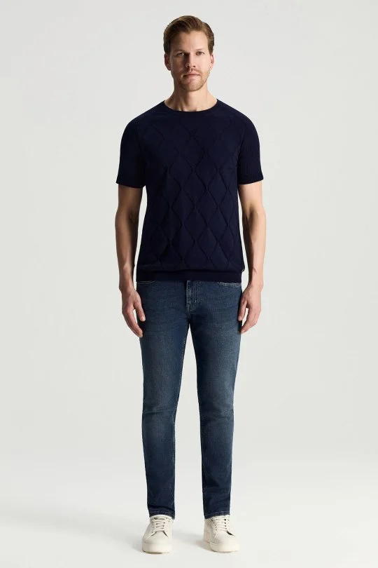 Hemington - Saf Pamuk Argyle Örme Desen Bisiklet Yaka Lacivert Triko T-Shirt (2)