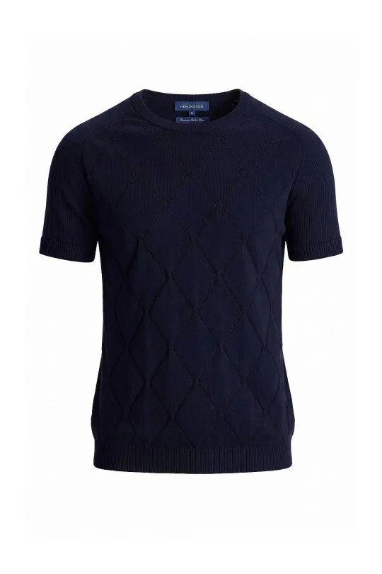 Hemington - Saf Pamuk Argyle Örme Desen Bisiklet Yaka Lacivert Triko T-Shirt (6)
