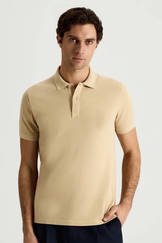 Saf Pamuk Bej Polo Yaka T-Shirt