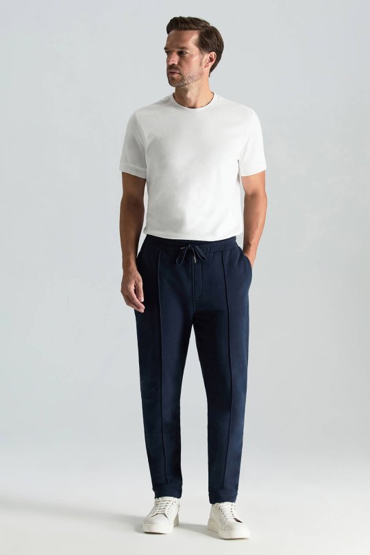 Saf Pamuk Beli Lastikli Lacivert Jogger Pantolon