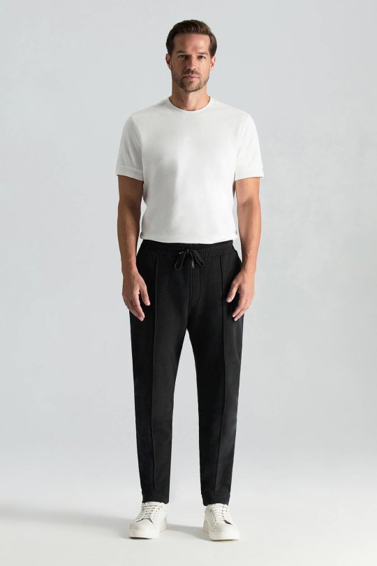 Saf Pamuk Beli Lastikli Siyah Jogger Pantolon