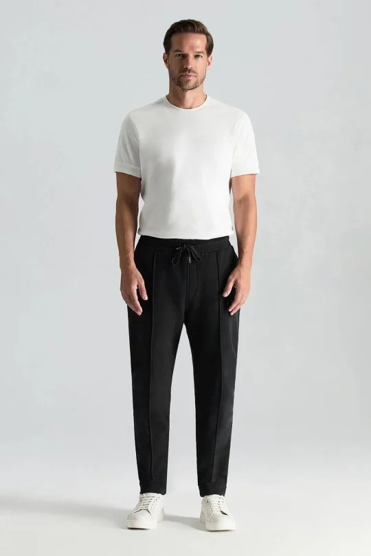 Hemington - Saf Pamuk Beli Lastikli Siyah Jogger Pantolon