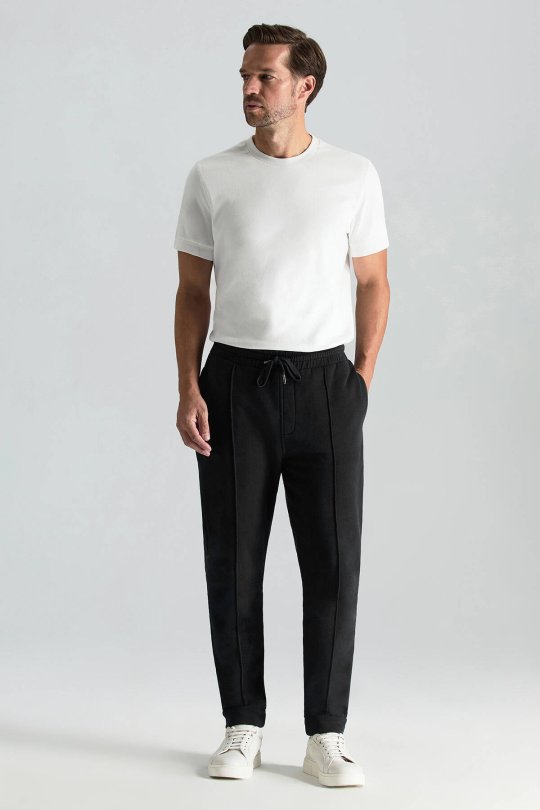 Saf Pamuk Beli Lastikli Siyah Jogger Pantolon