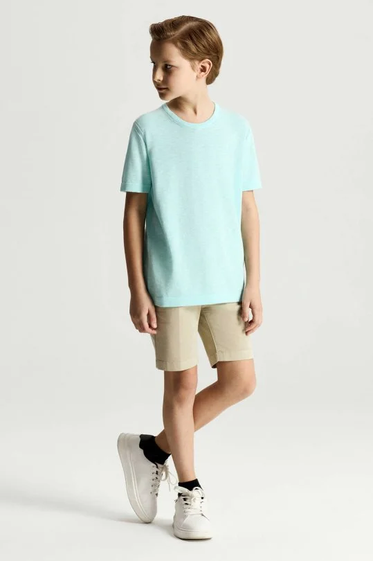 Saf Pamuk Bisiklet Yaka Açık Mavi Çocuk Triko T-Shirt