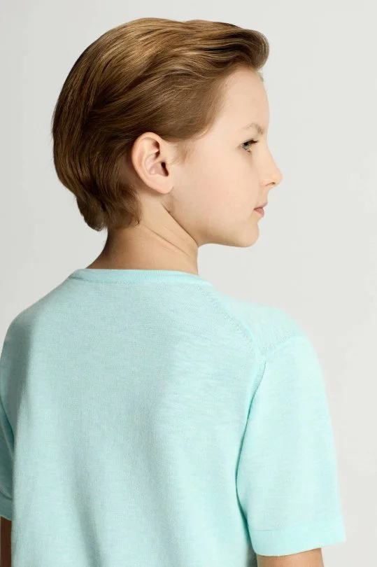 Saf Pamuk Bisiklet Yaka Açık Mavi Çocuk Triko T-Shirt